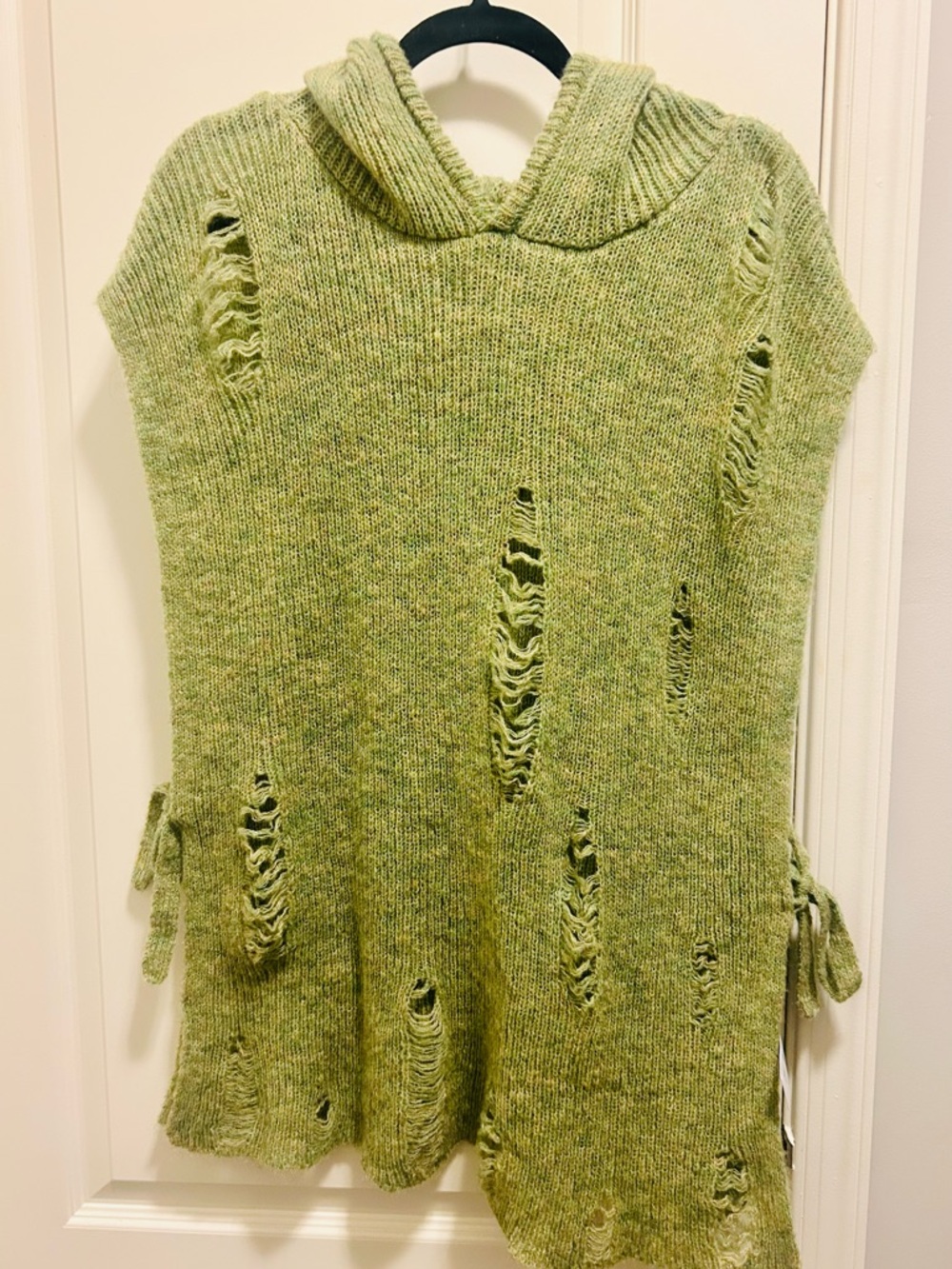 Urban Outfitters Distressed Hooded Knit Poncho - Sage Green